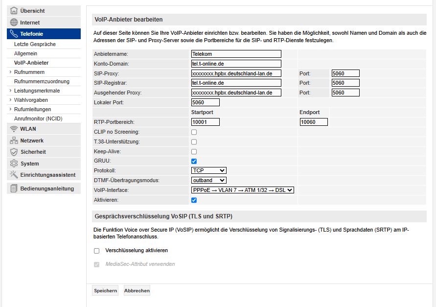 Eingabemaske: VoIP-Anbieter
