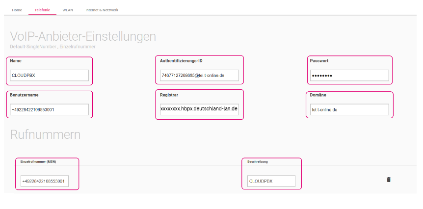 Eingabemaske Digibox für VoIP-Anbieter
