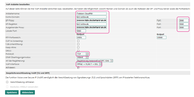 Eingabemaske VoIP-Anbieter
