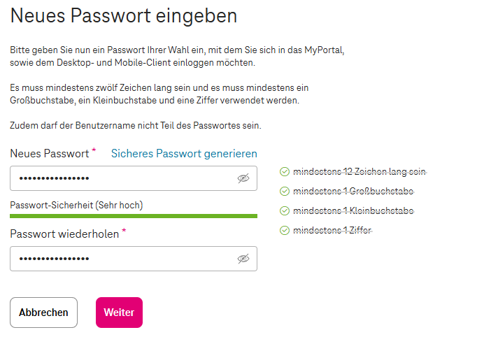 Neues Passwort 12-stellig eingeben