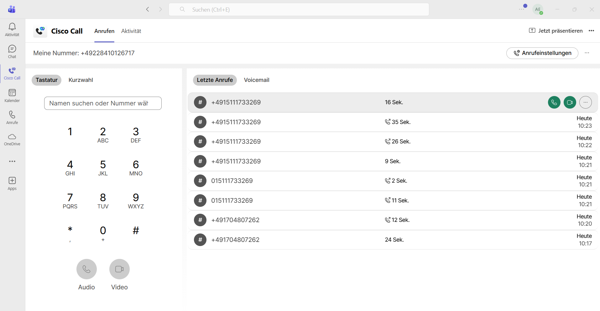 Oberfläche Cisco Call App