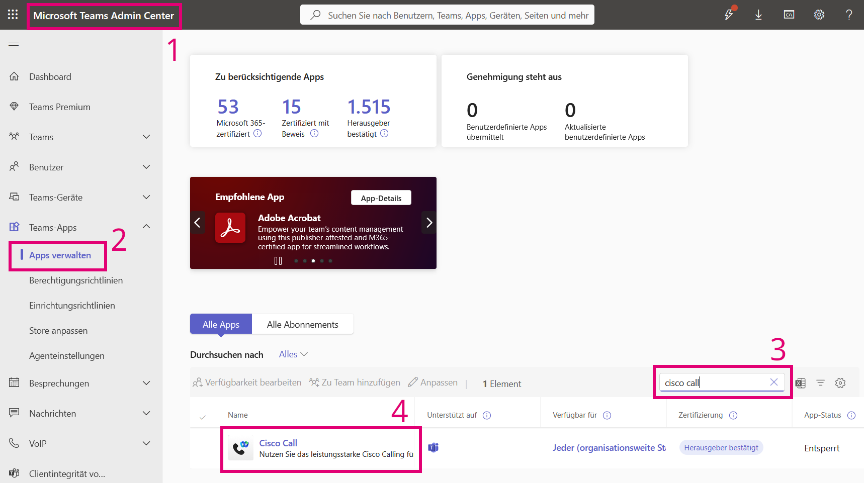 Microsoft Teams Admin Center - Apps verwalten