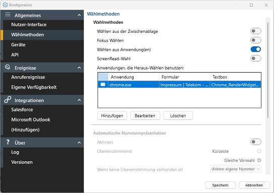 Wählmethoden mit Anwendungsliste