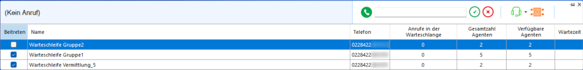 Toolbar: Auswahl einer Rufnummer