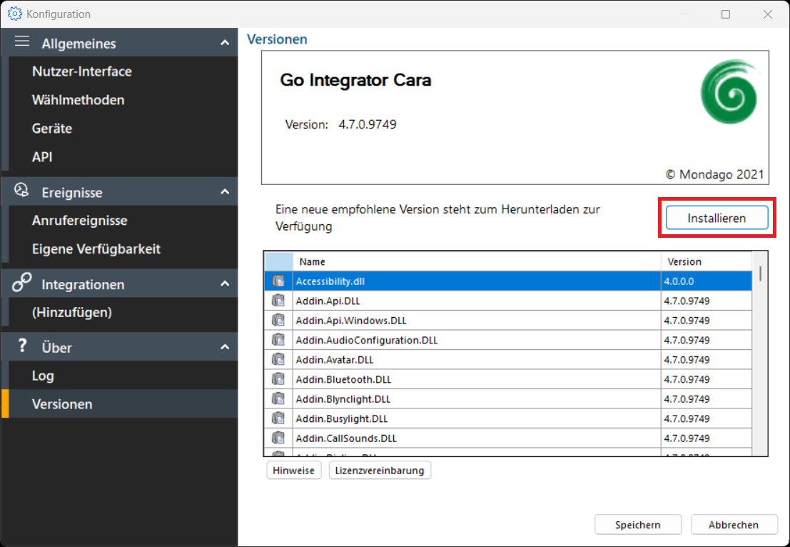Go Integrator CARA - Installation App-Update