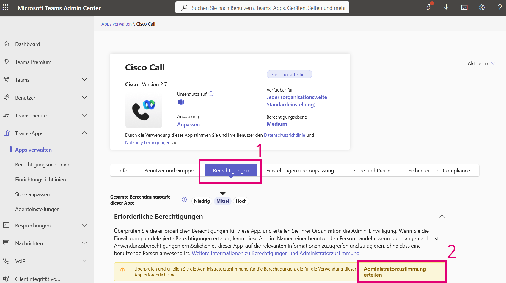 Microsoft Teams Admin Center - Administratorzustimmung