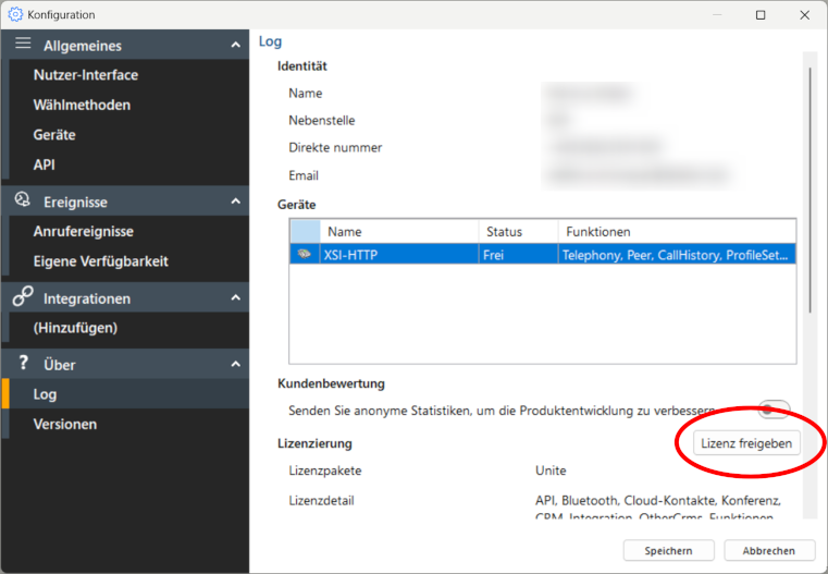 Button "Lizenz freigeben"